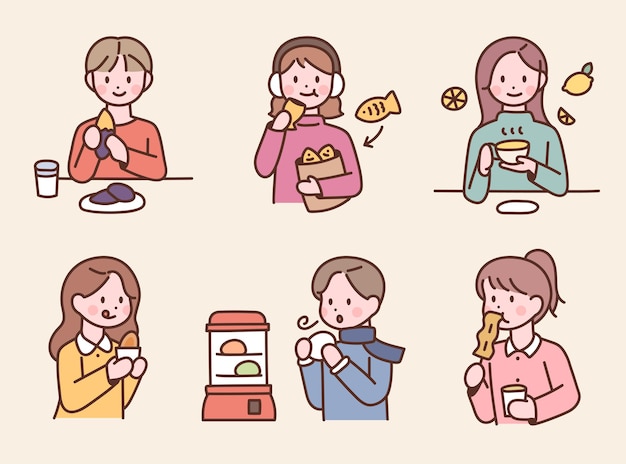 People are eating Korean winter snacks or desserts cute characters