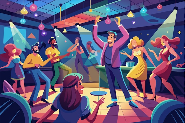 Vector people are enjoying themselves while dancing and socializing at a lively club party with colorful lights party in a club illustration