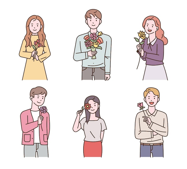 People are holding flowers flat design style vector illustration