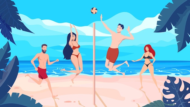 People are playing volleyball on a tropical beach Cartoon vector illustration