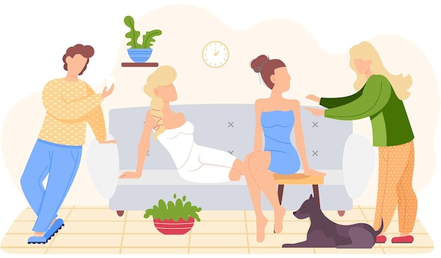 People are relaxing at home Characters resting or thinking about something good Girls in underwear spend time in apartment Friends are comunicating ans spending time together in living room