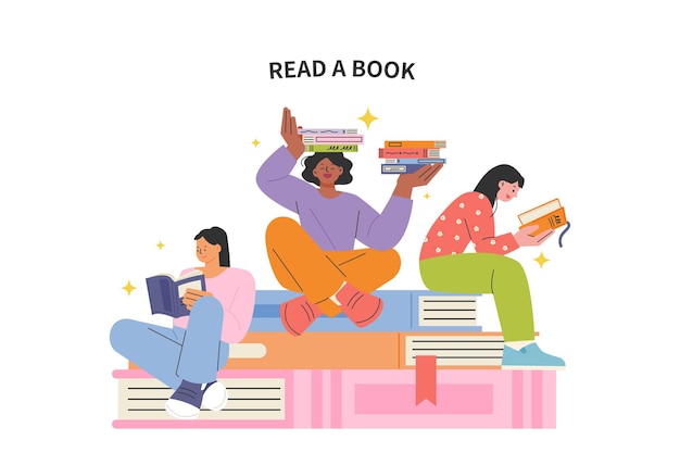 People are sitting and reading books on large piles of books. flat vector illustration.