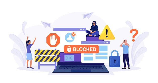 People are very surprised and feeling anxious about blocked user account Experts help user to unblock account Cyber crime hacker attack censorship or ransomware activity security