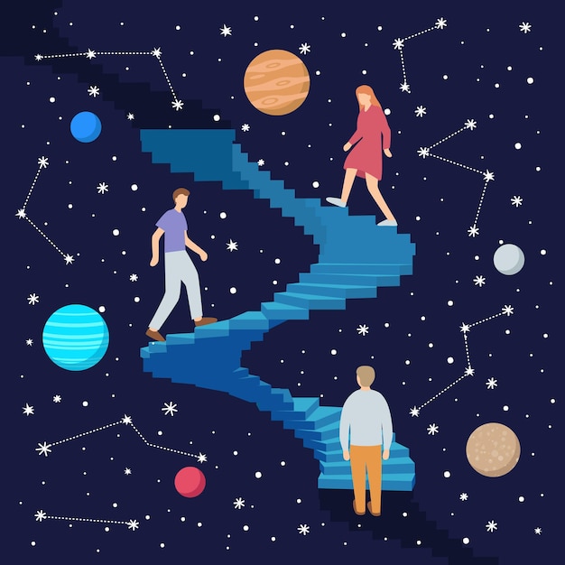 People are walking up the spiral staircase around the stars and the planet