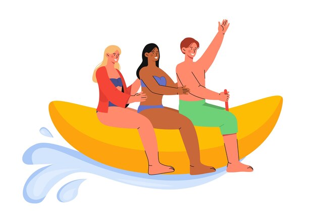 Vector people at banana boat concept young guys and girls at nautical transport sticker for social networks