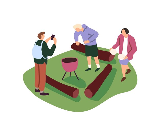 Vector people do barbecue outdoor in summer happy friends meeting have a bbq picnic in park logs and grill on grass clearing holiday weekends flat isolated vector illustration on white background