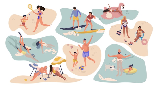 Vector people beach activities. cartoon characters on summer vacation, surfing swimming sunbathing outdoor scenes.