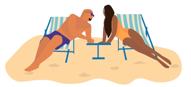 People at beach Cartoon man and woman sitting on sun loungers and sunbathing Cute characters wear swimsuits and sunglasses Leisure pastime on seashore Vector minimalist illustration