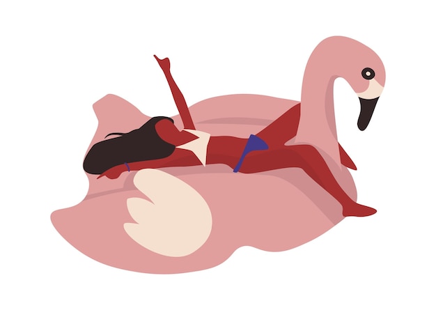 People at beach Cartoon woman swimming in pool on pink flamingo inflatable mattress Young female sunbathing at tropical resort Fun during summer vacation vector flat illustration