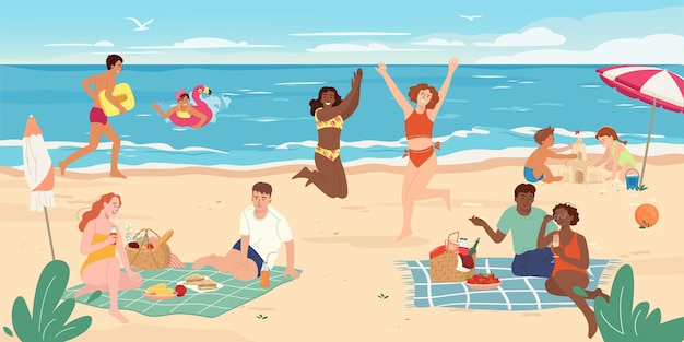 Vector people on beach men women sunbathing on sand swimming in water at sea coast kids building sand castl