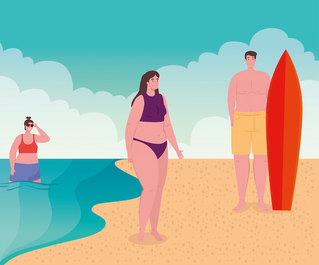 People in the beach, young people happy in vacation, summer season vector illustration design