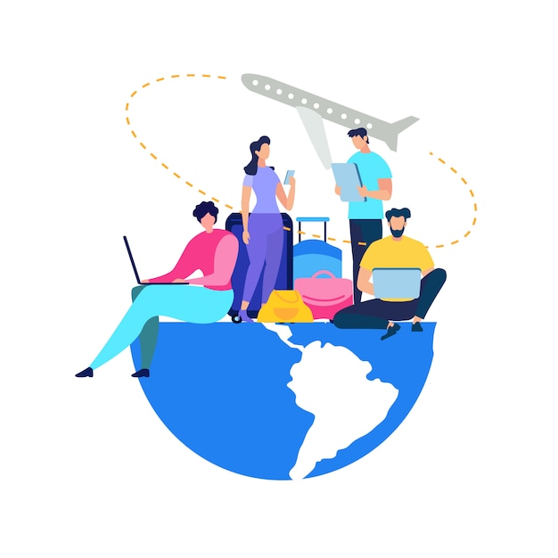 People Booking Airline Tickets Online Flat Vector