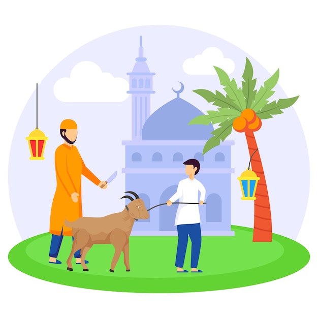 People bring a goat for qurbani or sacrifice vector illustration Muslim Father and son Illustration