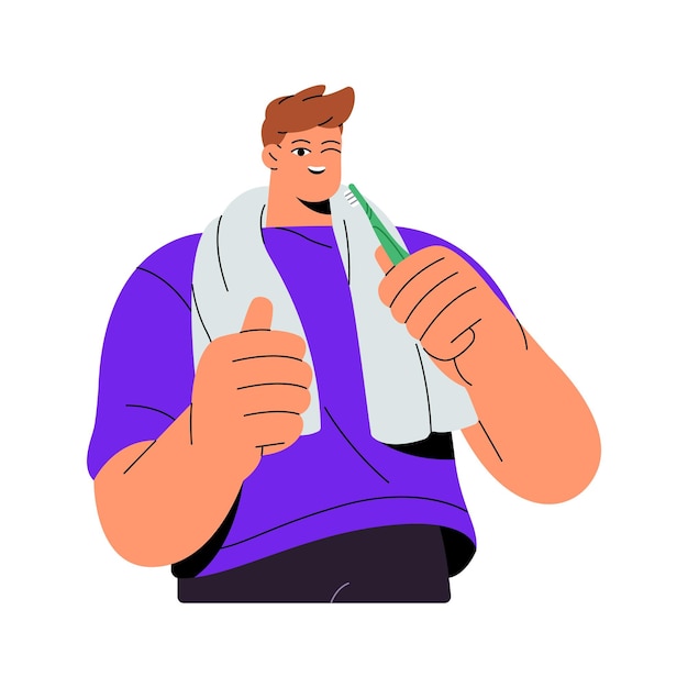 Vector people brush teeth young man holding toothbrush in hand show thumbs up cleaning tooth care about dental health oral hygiene water treatments flat isolated vector illustration on white background