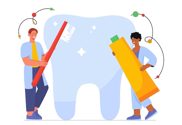 People brushing teeth concept Young guys with toothpaste and teethbrush Healthcare cleanliness and hygiene routine Dentistry and care about oral health Cartoon flat vector illustration