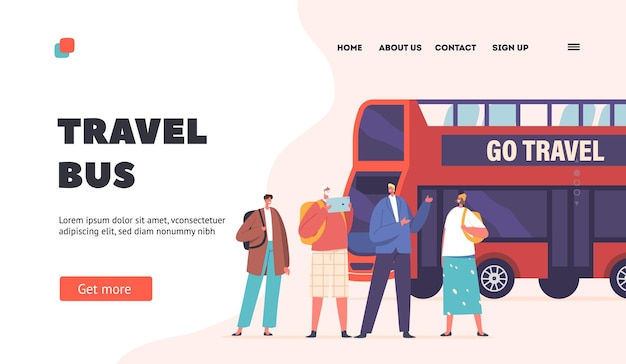 People in Bus Trip Landing Page Template Tourists Travel Shoot Photo Enjoy Sightseeing Characters Near Double Decker