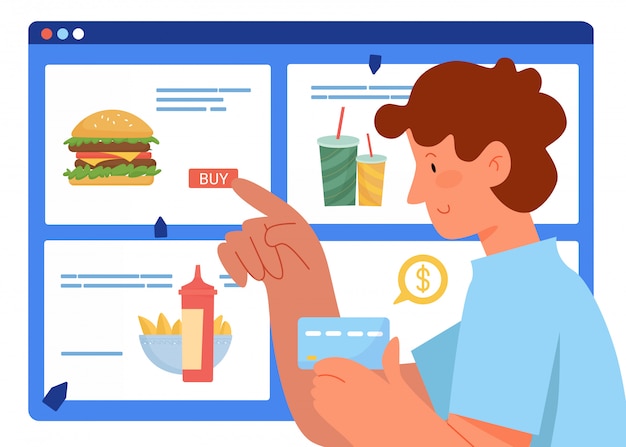 People buy online  illustration. Cartoon  man buyer character holding payment card in hand, ordering and buying fastfood in online grocery store or pizzeria, food delivery service background