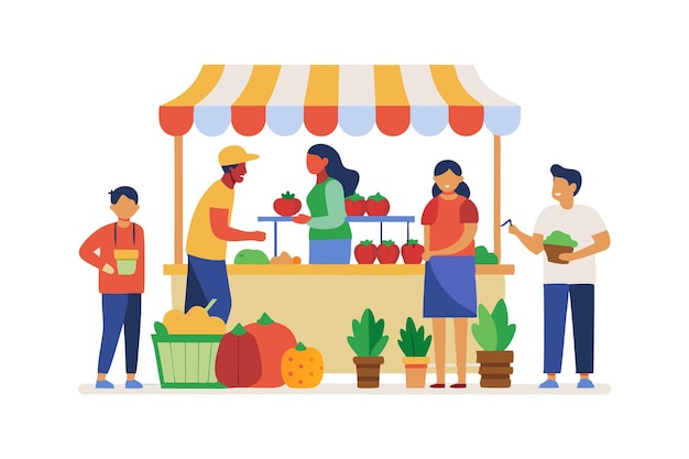 Vector people buying fresh produce at a local farmers market with vibrant colors