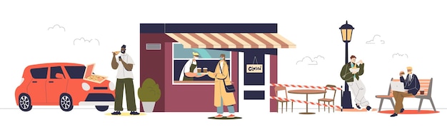 People buying takeaway food and beverages in cafe for covid protection and prevention. Cartoon characters ordering and eating meal to go. Flat vector illustration