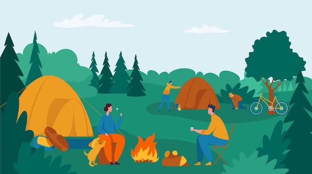 People camping, group of tourists with tent and bonfire