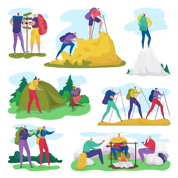 People camping, hiking in summer adventure activity  illustration set, cartoon  active character in tourist trip  on white