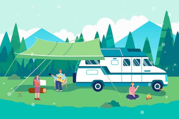 People camping outside in summer with lawn and forest in the background vector illustration