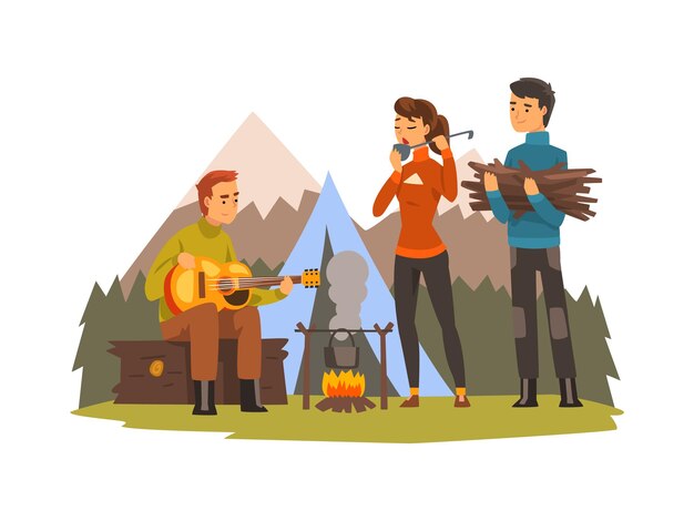 People camping tourists sitting near fire playing guitar and cooking outdoor adventures travel backpacking trip or expedition vector Illustration isolated on a white background