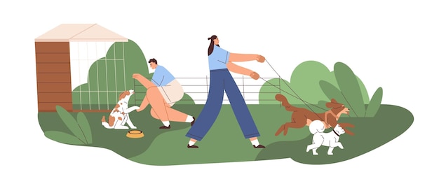 People at canine shelter, walking, training and feeding dogs. Pet sitters, walkers with doggies. Volunteers care about puppies, animals on yard outdoors. Flat vector illustration isolated on white.