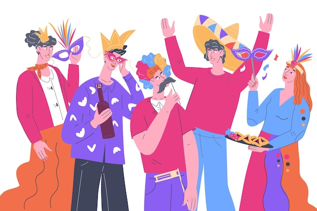 People in carnival masks on festival carnival or party event flat vector isolated