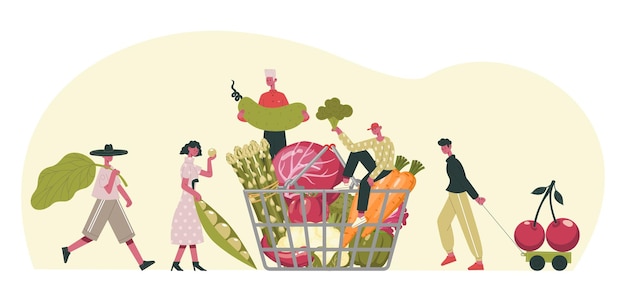 People carrying raw ingredients vegetable fruits Tiny female and male characters holding veggies putting into basket