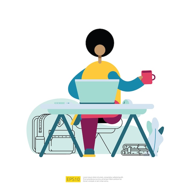 People cartoon character working remotely with laptop on desk. freelance sitting on workplace in flat style vector illustration