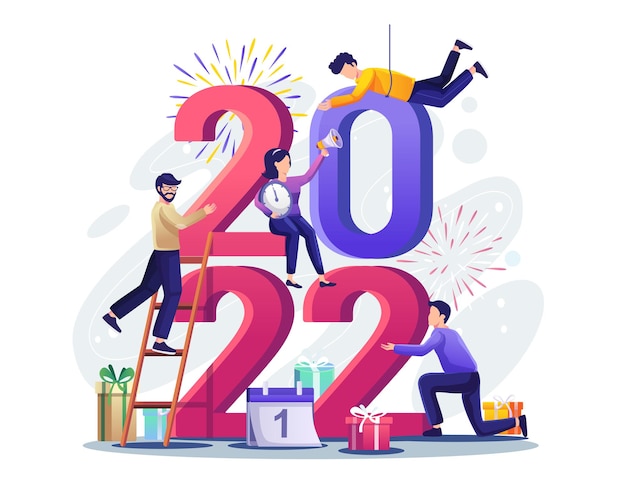 People celebrate New year by together putting the numbers 2022 on top of each other Illustration