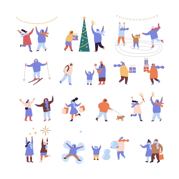 People celebrate winter Holidays flat vector collection Happy New Year Christmas Winter outdoor activities