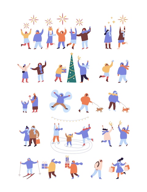 People celebrate winter Holidays flat vector collection Happy New Year Christmas Winter outdoor activities