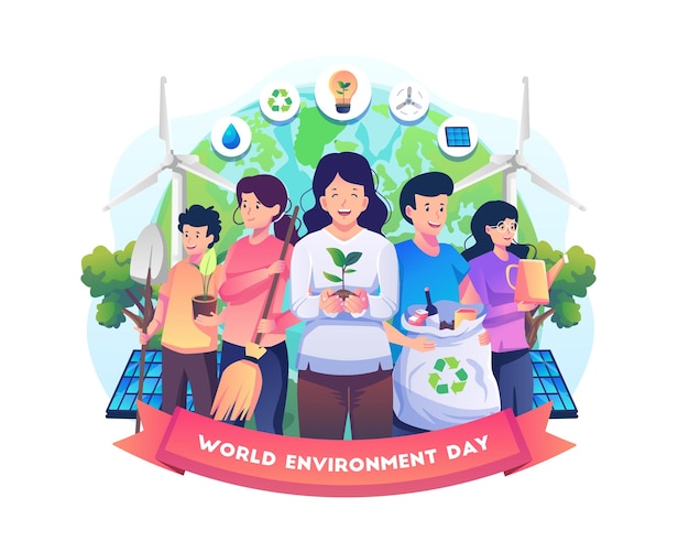 People celebrate World Environment Day by taking care of the earth and nature illustration