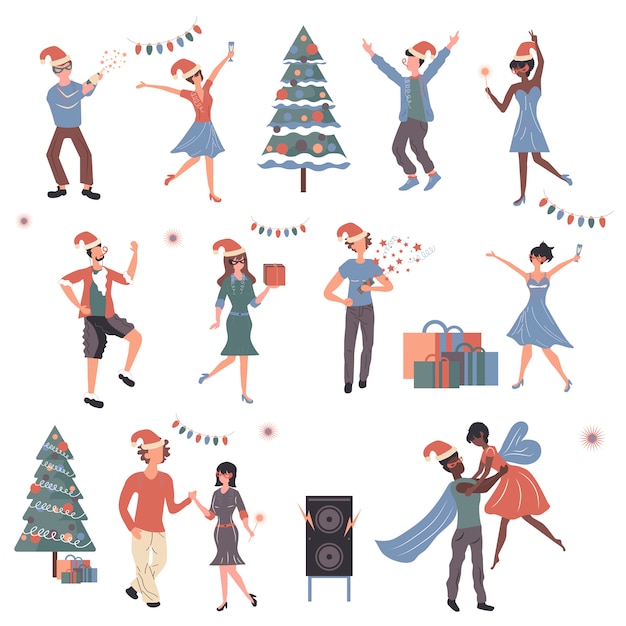 People celebrating christmas cartoon characters set.