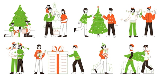 People celebrating Christmas winter friends and family holidays vector illustration set