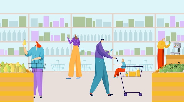 People character buy product in supermarket flat illustration