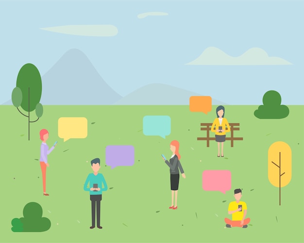 Vector people character chatting in the park background.