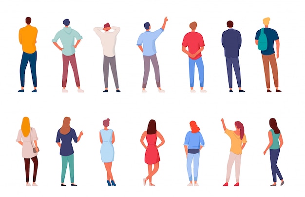 People character. Man and woman view from back set isolated. Young human person diversity. Businesspeople, student, worker set. Vector people standing character illustration