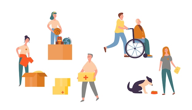 People Character Volunteer Care for Senior Set. Needy Community Help Center. Charity to Animal to Support Homeless Dog. Citizen Donate Clothes to Older in Wheelchair Flat Cartoon Vector Illustration