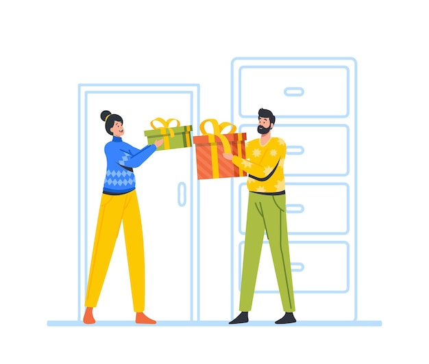 People Characters Celebrate New Year and Christmas Holidays. Man and Woman Business Colleagues, Friends Giving Festive Gifts and Making Presents to Each Other in Office. Cartoon Vector Illustration