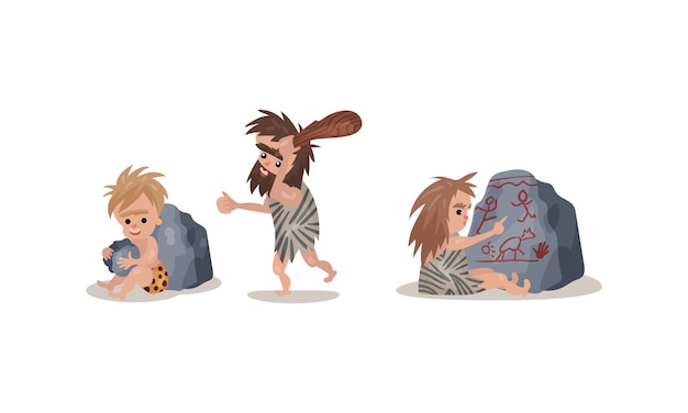 Vector people characters from stone age wearing animal skin and drawing on cliff vector illustration set