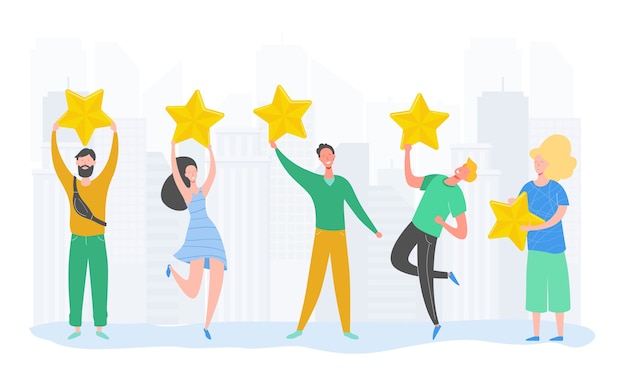 People characters holding gold stars. Men and women rate services and user experience. Juries rating in the competition. Four stars positive review or good feedback. cartoon illustration