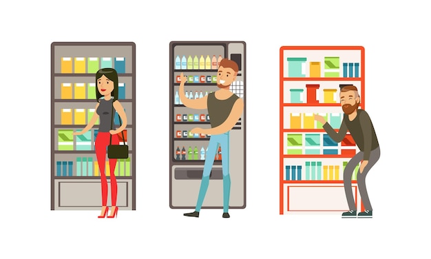 People Characters Near Vending Machine in Supermarket Buying Products Vector Illustration Set