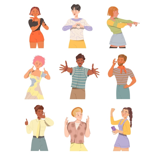 Vector people characters showing positive gestures with hands feeling happiness and excitement vector illustration set