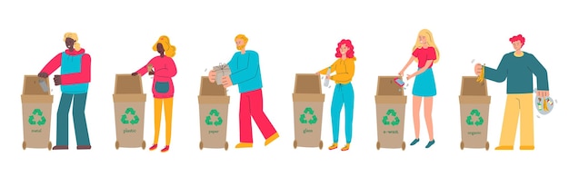 People characters sorting rubbish in trash bins vector illustration isolated