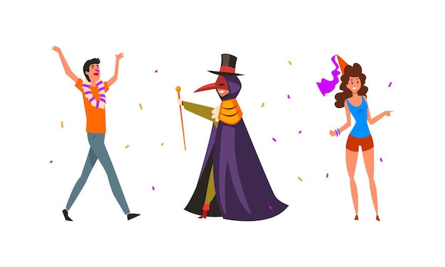 Vector people characters wearing carnival or masquerade costumes vector illustration set