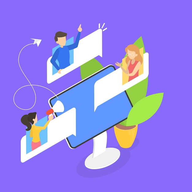 People chat on the forum in internet concept. Online communication with friend. Social connection. Share opinion with group of people.  isometric illustration