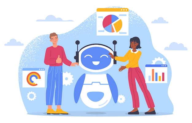 People checking robot concept Artificial intelligence and machine learning Innovations and modern technologies Man and woman fixing bot search bugs in code Cartoon flat vector illustration